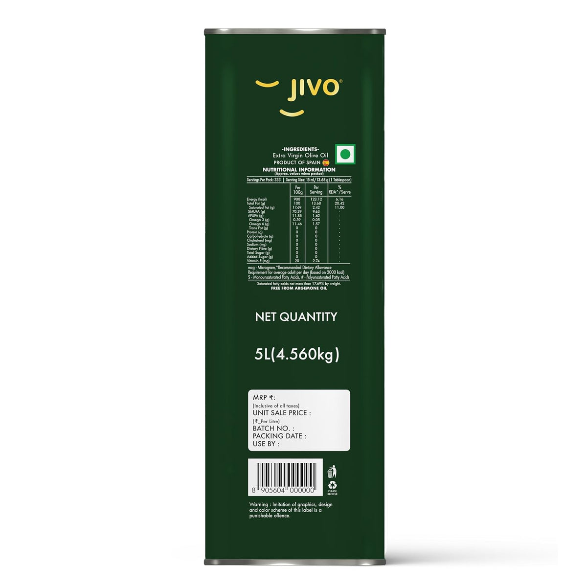 Jivo Extra Virgin Olive Oil 5 Litre | Imported from Spain | High in MUFA | Contain Vitamin E | Cholesterol-Free Oil | Ideal for Salads, Dressings, Soups, Dips & Marinades