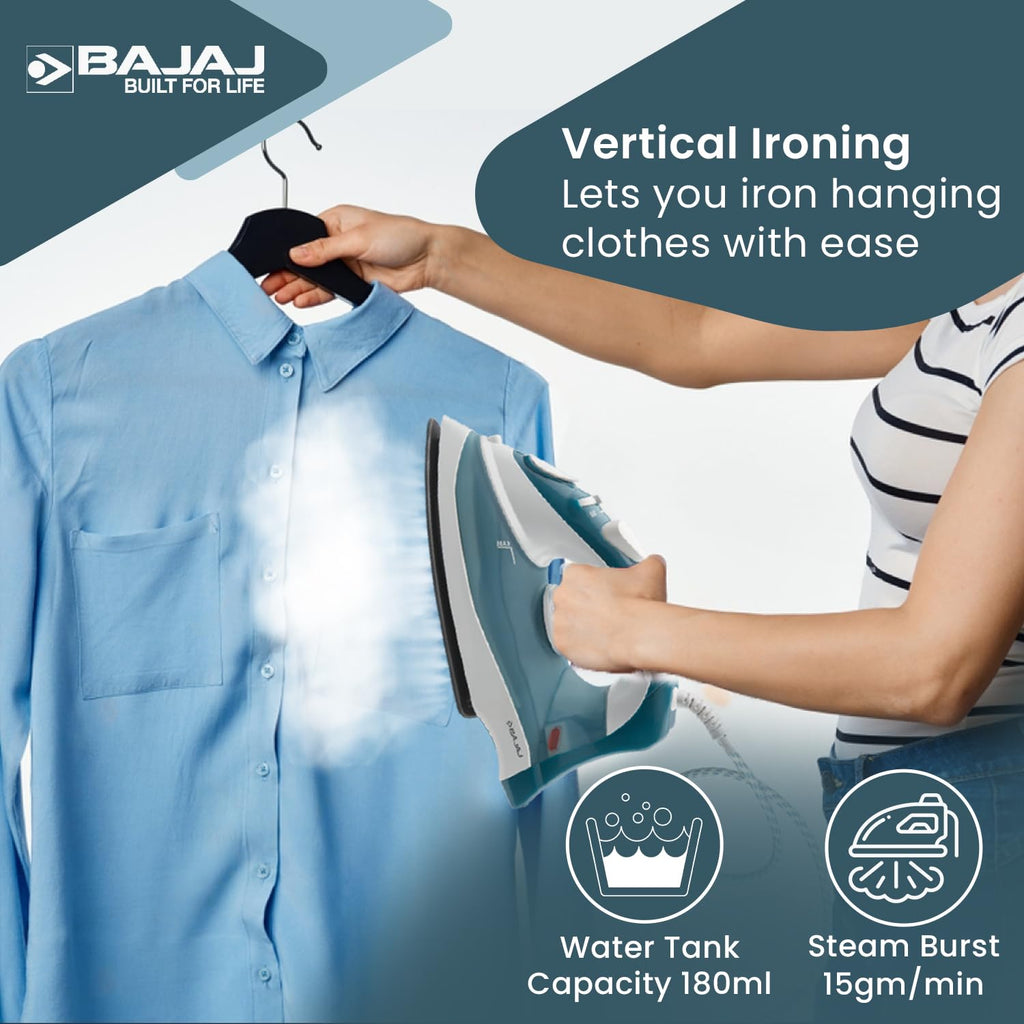 Bajaj MX 3 Neo Steam Iron | 1250 Watts Power For Faster Ironing | Vertical & Horizontal Ironing | Spray Function | Anti-Bacterial & Non-Stick Soleplate Coating 【Blue】