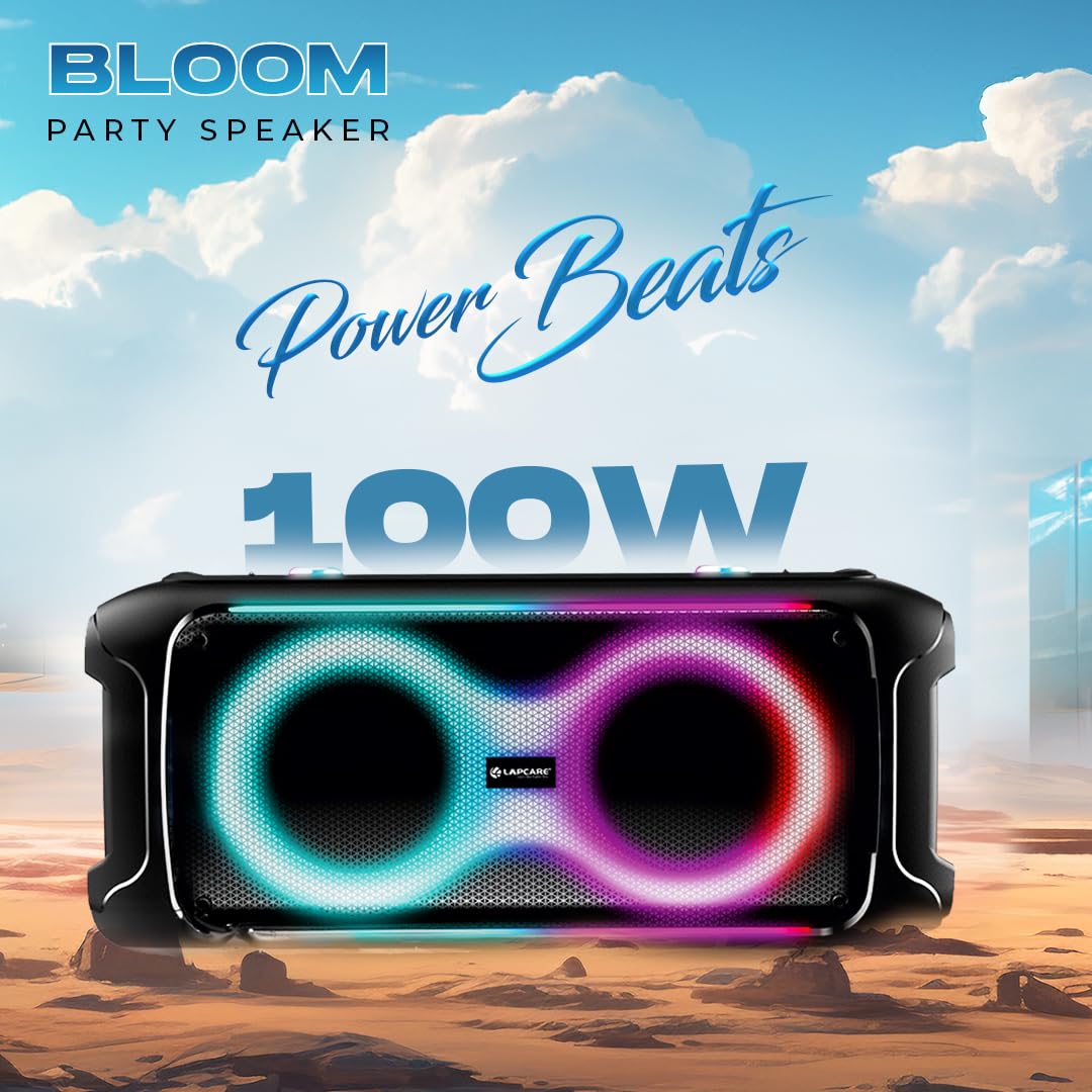 LAPCARE Bloom Wireless Bluetooth Party Speaker, 100W Immersive Pro Sound, Dynamic RGB Light Show, Bass and Treble Control, Type C, Built-in Rechargeable Battery, Splashproof with Wireless Mic (Black)