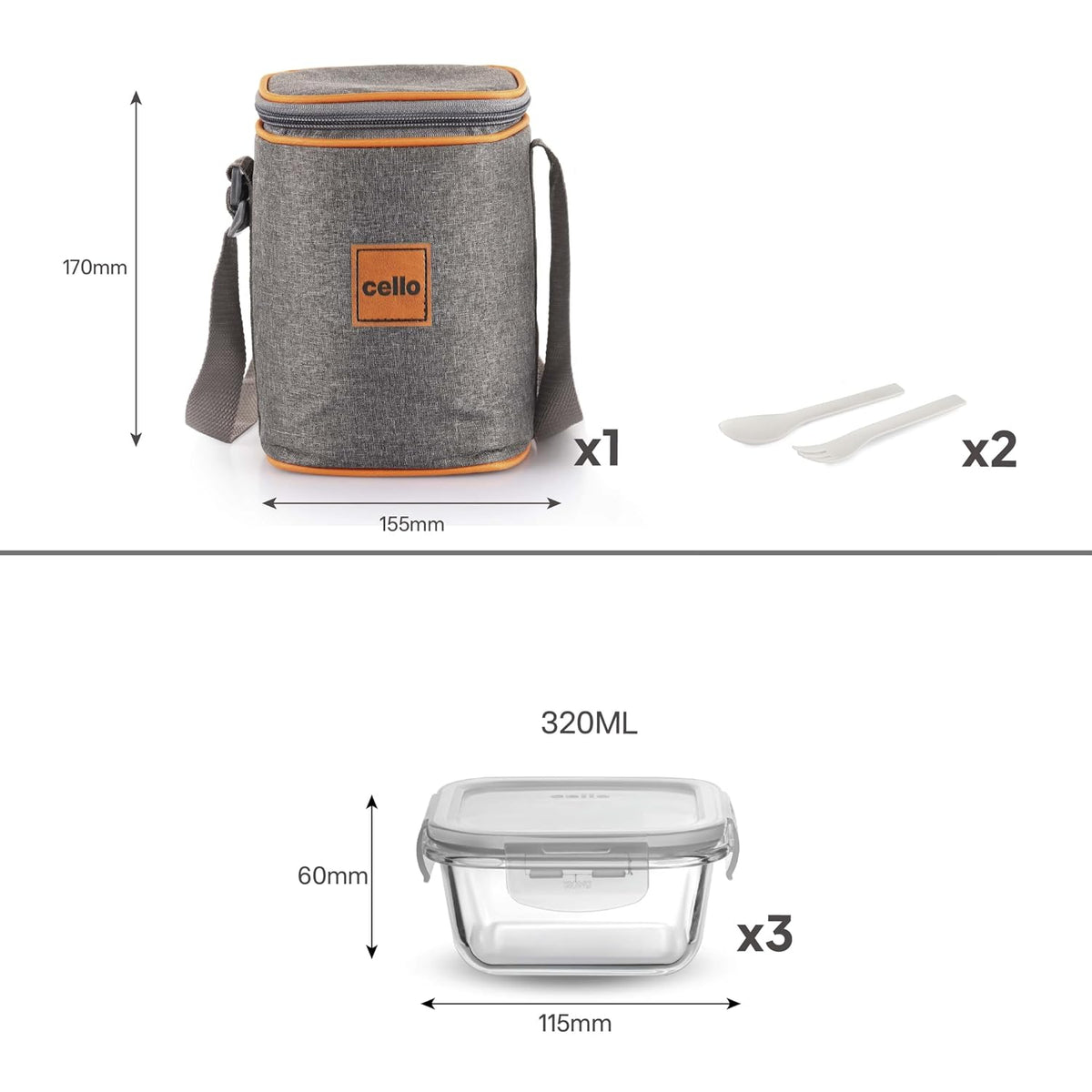 CELLO Royale Glass Lunch Box Set of 3 Pcs with Jacket, Clear | Microwave & Dishwasher Safe 3 x 320ml Square Glass Containers |Leadfree, Leakproof, Airtight Clip Lock Lid Tiffin Box For Office & Travel