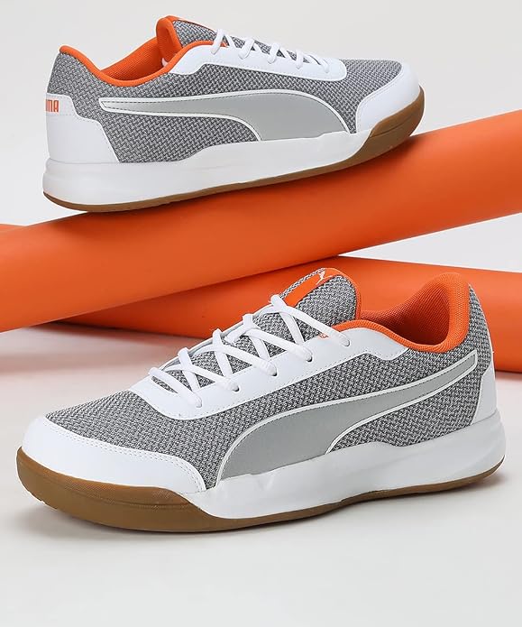 PUMA Unisex-Adult Shuttle Aero Rickie Orange-Silver-White Indoor Shoe - 10 UK
