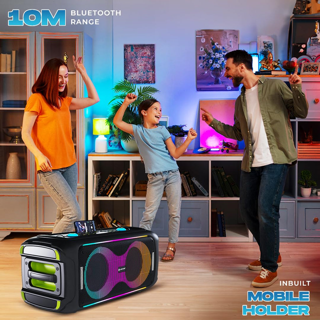 LAPCARE Bloom Wireless Bluetooth Party Speaker, 100W Immersive Pro Sound, Dynamic RGB Light Show, Bass and Treble Control, Type C, Built-in Rechargeable Battery, Splashproof with Wireless Mic (Black)