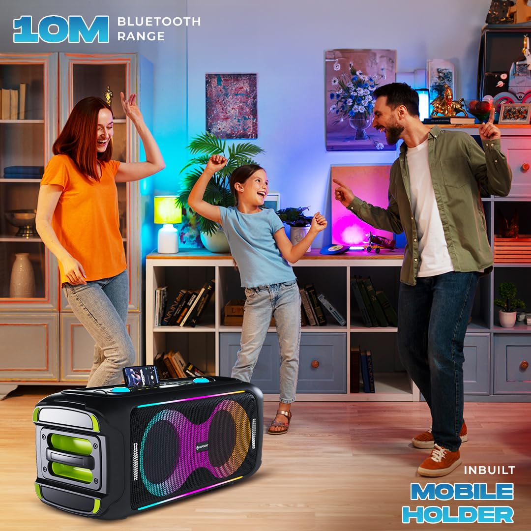 LAPCARE Bloom Wireless Bluetooth Party Speaker, 100W Immersive Pro Sound, Dynamic RGB Light Show, Bass and Treble Control, Type C, Built-in Rechargeable Battery, Splashproof with Wireless Mic (Black)
