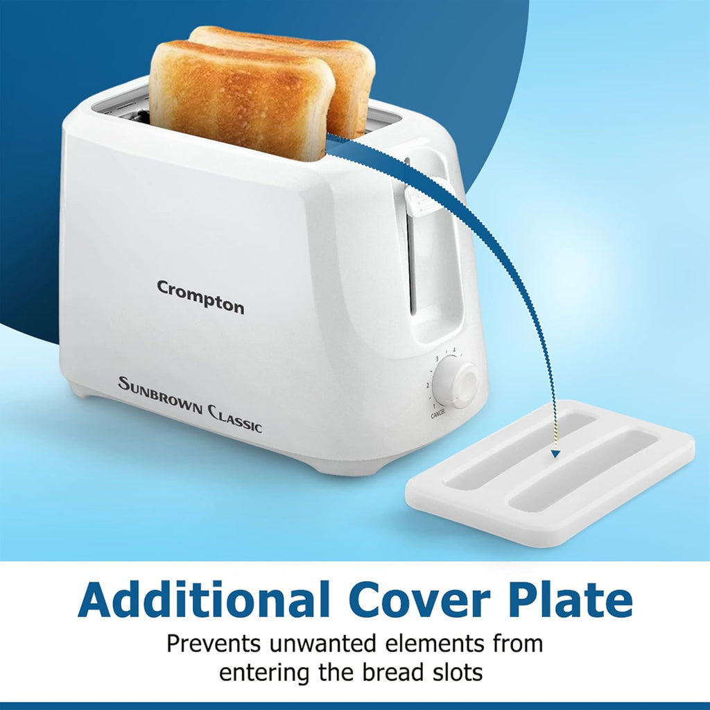 Crompton SunBrown Classic Pop-up Toaster 700W with Removable Crumb Tray | 6 Browning Levels with Cancel Function | Dust Cover Plate | White Cool Touch Body