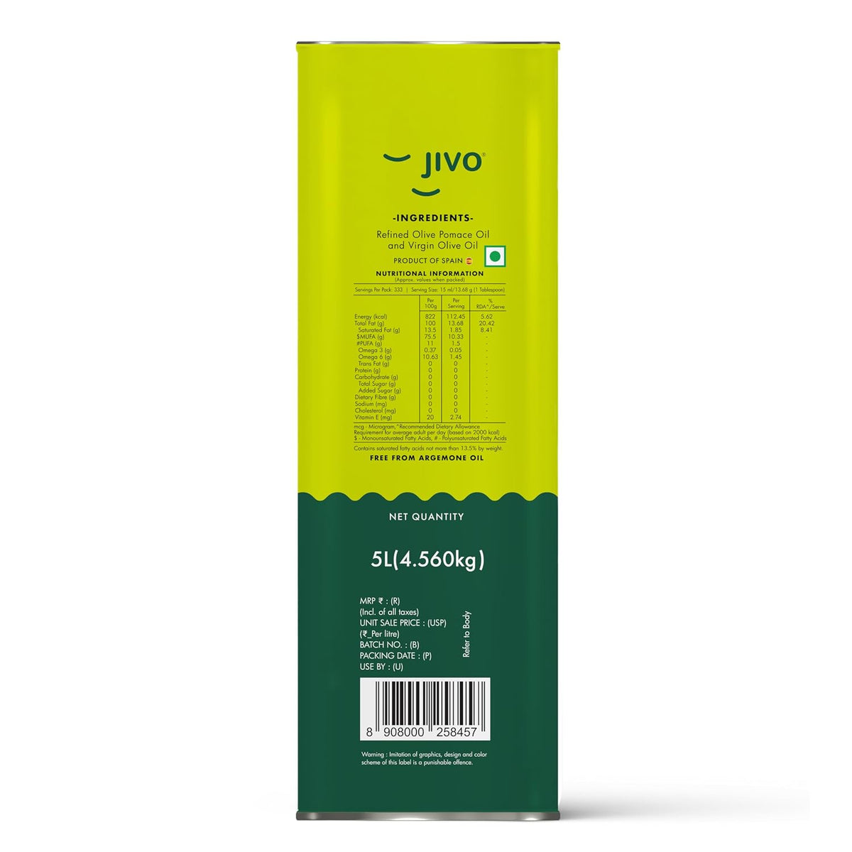 Jivo Pomace Olive Oil 5 Litre Tin for Everyday Cooking | Imported From Spain | Recommended for roasting, frying, and baking all types of cuisines | Rich in MUFA | Low in Saturated Fat.