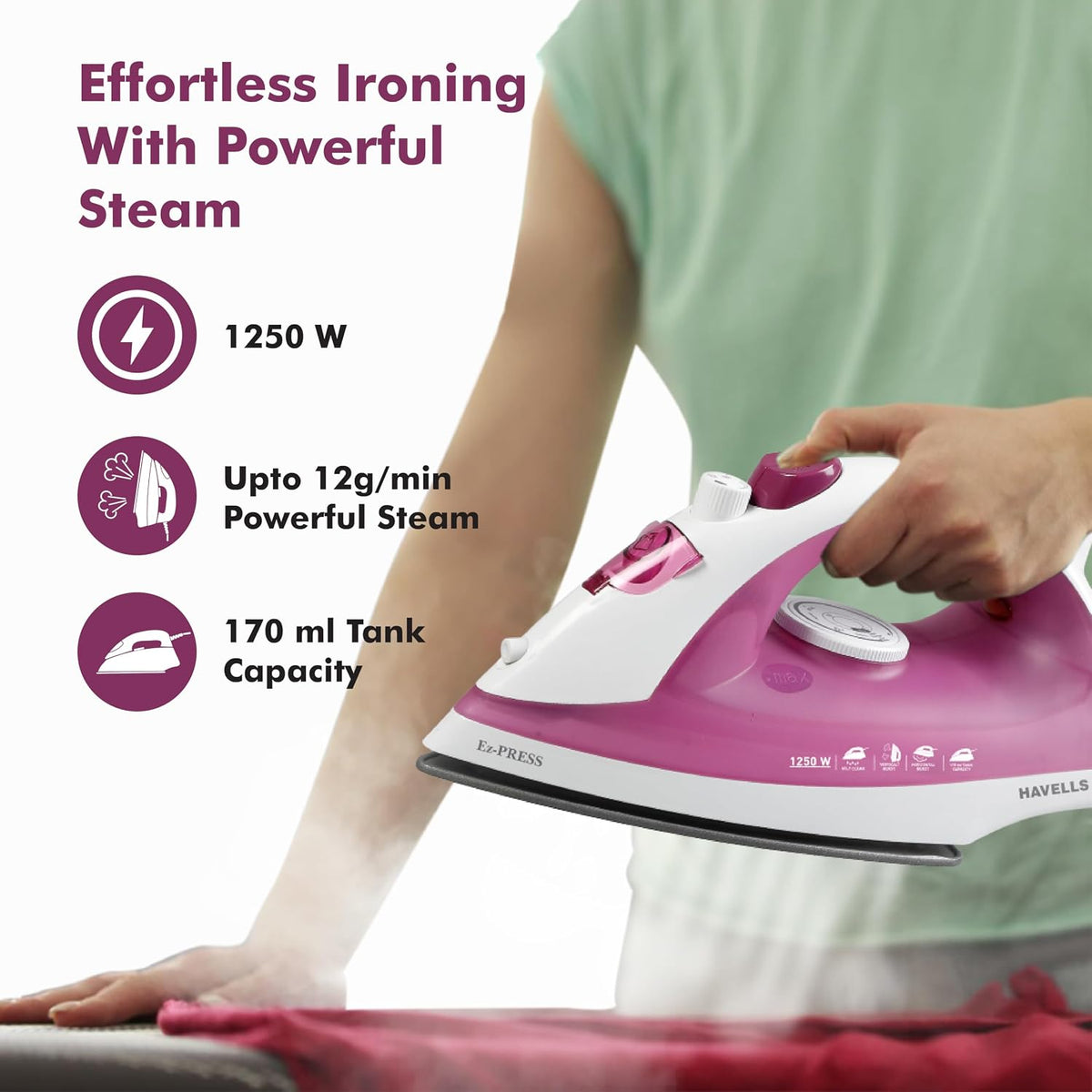 Havells Ez-Press 1250 Watts Steam Iron with Self Cleaning Function|Vertical & Horizontal Ironing|170 ml Tank for Longer Ironing|High Steaming Rate Upto 12 gm/min| (Purple)