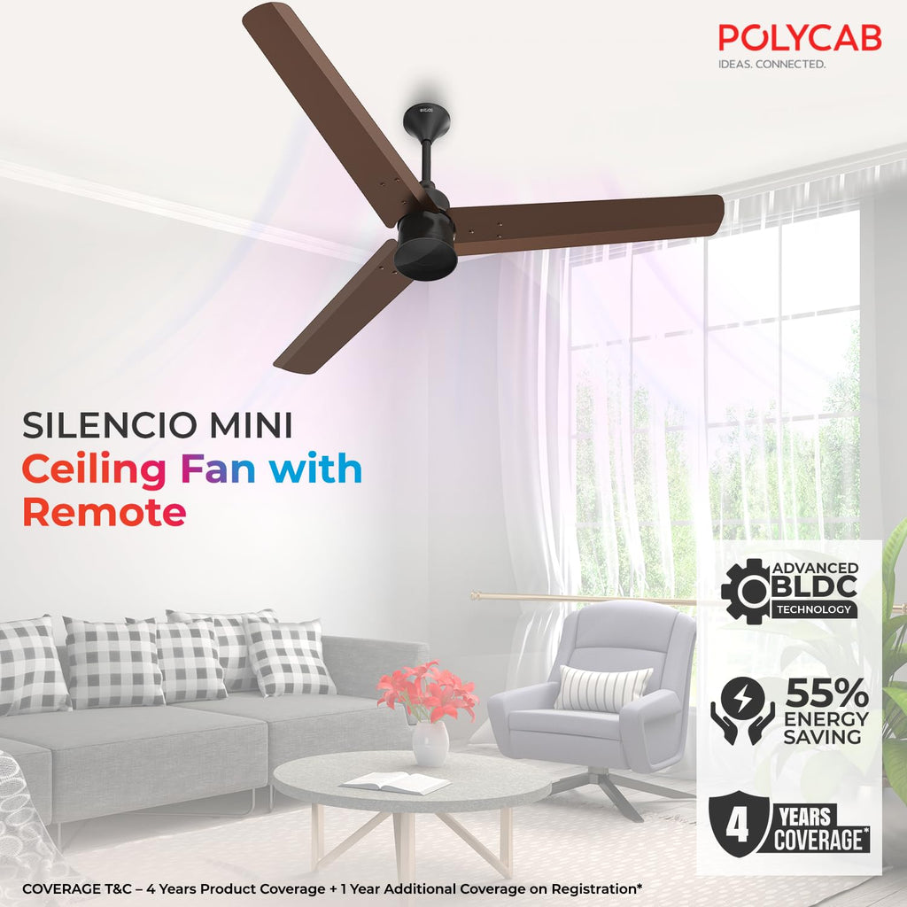 Polycab Silencio Mini 1200mm 5-Star BLDC, Remote Ceiling fan for home| 55% Energy Saving, 100% Copper, High Speed, 25 Speed Setting, Reversable & Timer | 4-yr Warranty【Pearl Brown】