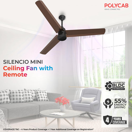 Polycab Silencio Mini 1200mm 5-Star BLDC, Remote Ceiling fan for home| 55% Energy Saving, 100% Copper, High Speed, 25 Speed Setting, Reversable & Timer | 4-yr Warranty【Pearl Brown】