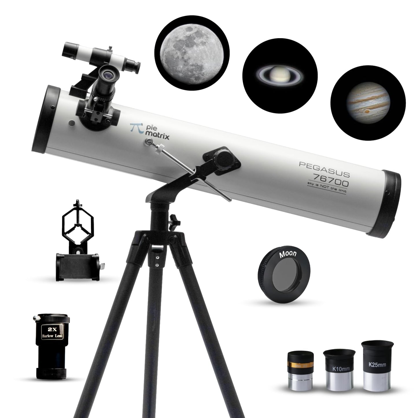 Pie Matrix Pegasus 76700 Newtonian Reflector Telescope with 235x Ultra HD Zoom,Fully Coated Glass Optics,Alt-Az Mount, Professional Telescopes to Explore Moon, Saturn Rings, Planets & Deep Sky Objects