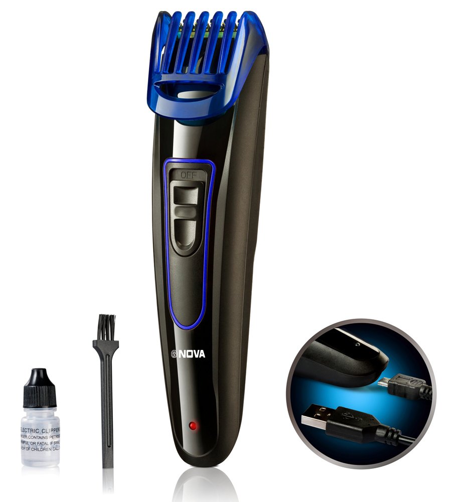 Nova NHT-1071 Titanium Coated Cordless: 45 Minutes USB Trimmer for Men (Black/Blue)