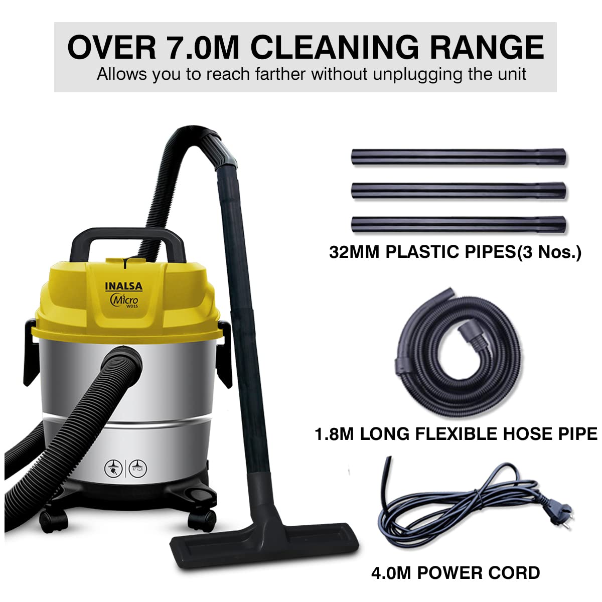 INALSA Wet and Dry Vacuum Cleaner for Home, 15 LTR Capacity,1400 W, 20 kPa Suction, Blower Function,HEPA Filter, Wet Vacuum Cleaner for Sofa, House Cleaning Machine,Stainless Steel Body (WD 15)