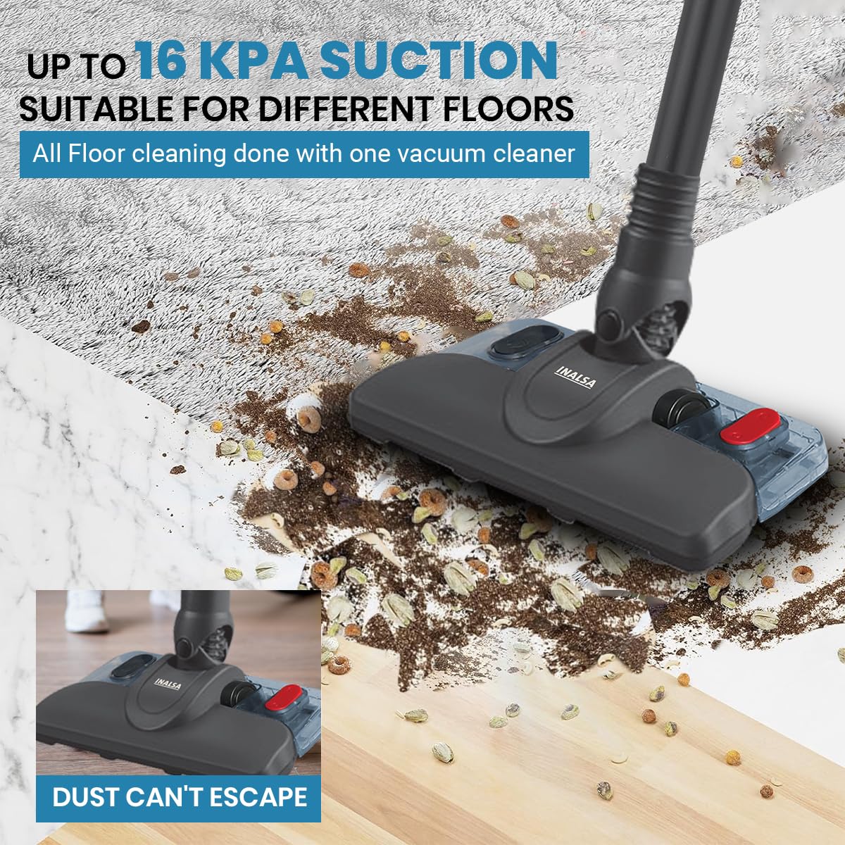 Inalsa Vacuum Cleaner with Mop for Floor Cleaning| 800 W Motor with Strong 16 KPA Suction|Electric Mop for Floor Cleaning|5 Level Efficient Filtration|Handheld Vacuum Cleaner for Home (Ozoy Mop Plus)