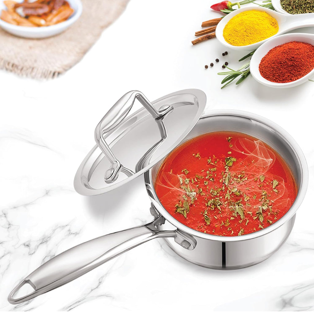 Cello Tri-Ply 14 cm Stainless Steel Cookware Sauce Pan with Lid 1 LTR | Tri-Ply Bottom Sauce Pan with SS Lid | Induction and Gas Stove Friendly | Dishwasher Safe | Silver