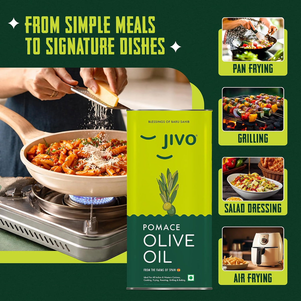 Jivo Pomace Olive Oil 5 Litre Tin for Everyday Cooking | Imported From Spain | Recommended for roasting, frying, and baking all types of cuisines | Rich in MUFA | Low in Saturated Fat.