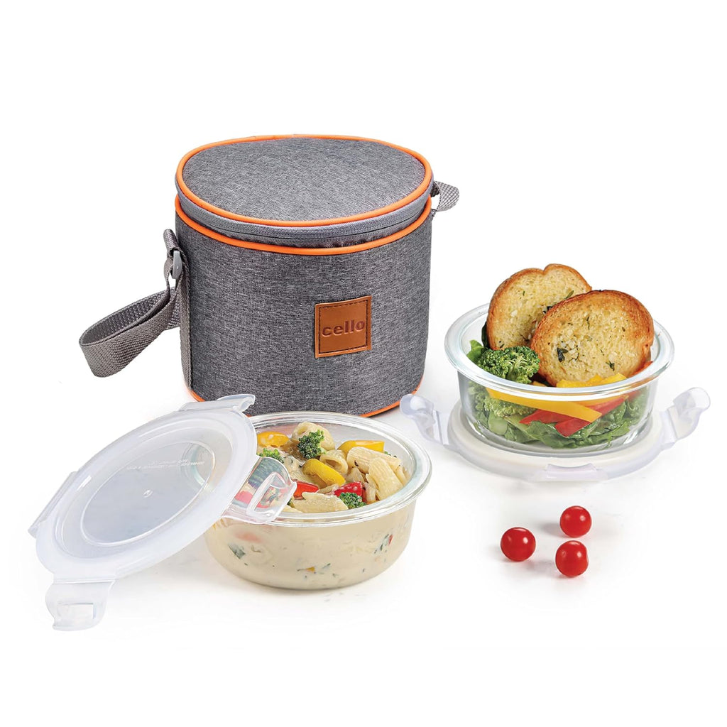 CELLO Royale Glass Lunch Box Set of 3 Pcs with Jacket, Clear | Microwave & Dishwasher Safe 3 x 320ml Square Glass Containers |Leadfree, Leakproof, Airtight Clip Lock Lid Tiffin Box For Office & Travel