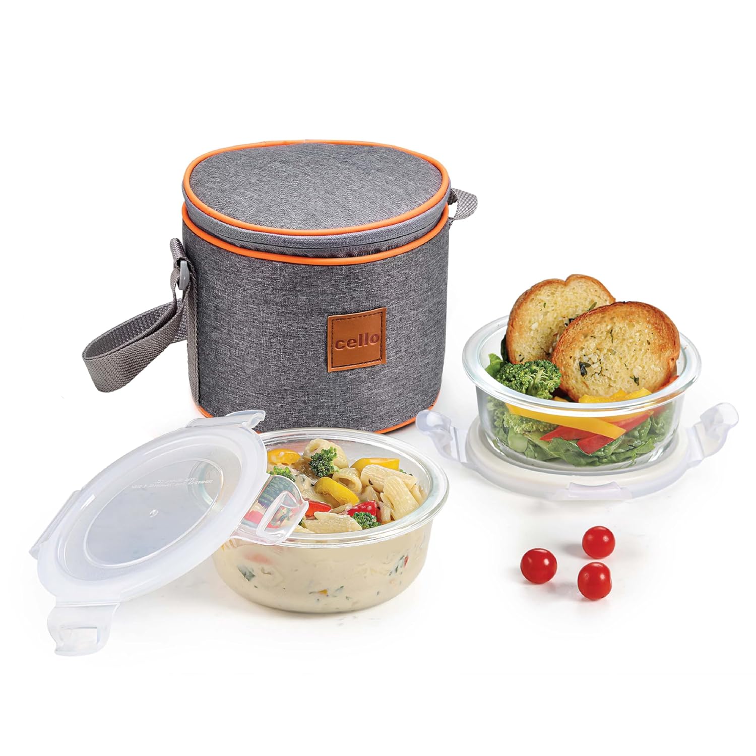 CELLO Royale Glass Lunch Box Set of 3 Pcs with Jacket, Clear | Microwave & Dishwasher Safe 3 x 320ml Square Glass Containers |Leadfree, Leakproof, Airtight Clip Lock Lid Tiffin Box For Office & Travel
