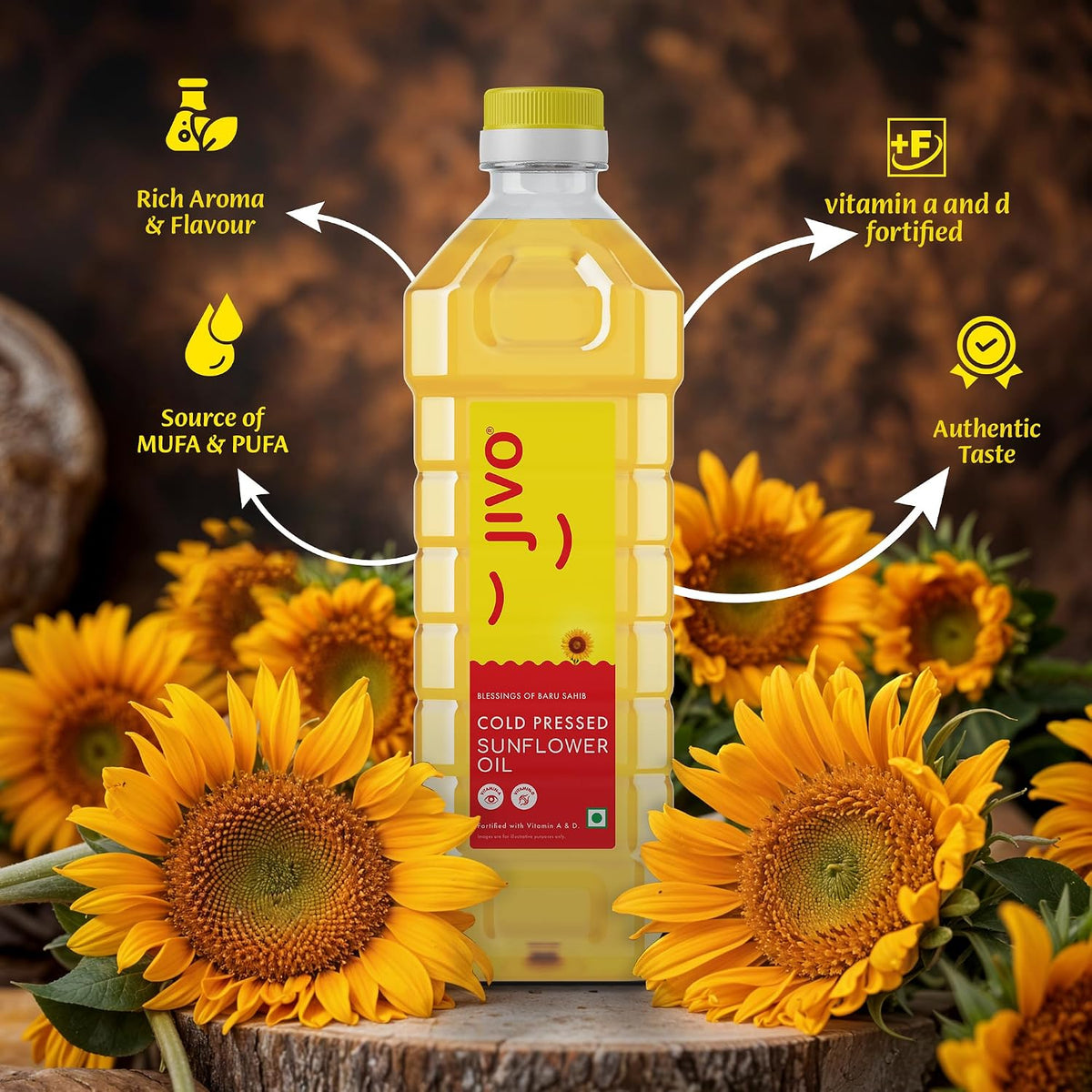Jivo Cold Pressed Sunflower Oil 1 Litre | High in Polyunsaturated Fats | Vitamin A and D Fortified | Cholesterol Free Edible Oil | Ideal for Roasting, Frying, Baking, and All Types of Cuisines