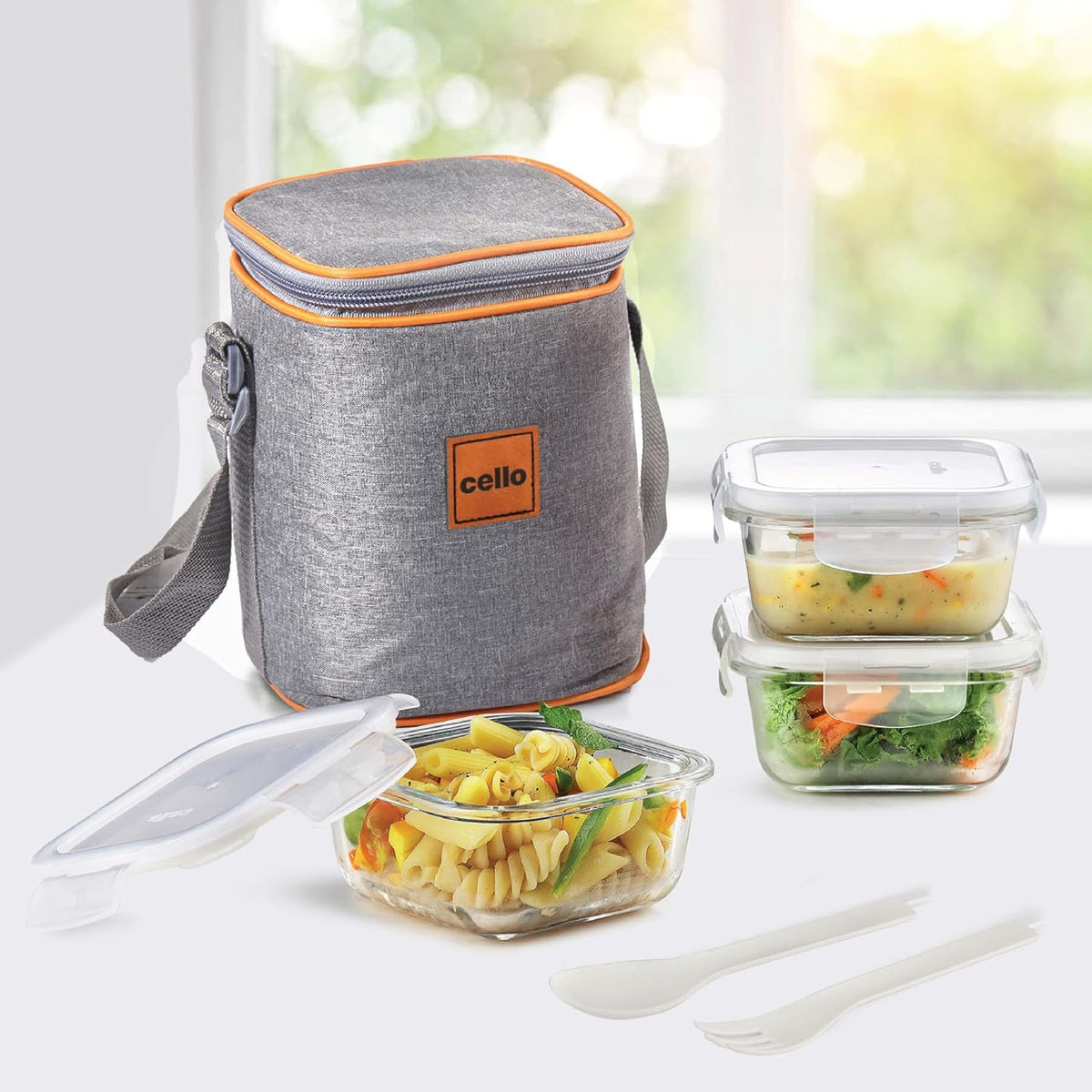 CELLO Royale Glass Lunch Box Set of 3 Pcs with Jacket, Clear | Microwave & Dishwasher Safe 3 x 320ml Square Glass Containers |Leadfree, Leakproof, Airtight Clip Lock Lid Tiffin Box For Office & Travel