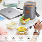 CELLO Royale Glass Lunch Box Set of 3 Pcs with Jacket, Clear | Microwave & Dishwasher Safe 3 x 320ml Square Glass Containers |Leadfree, Leakproof, Airtight Clip Lock Lid Tiffin Box For Office & Travel