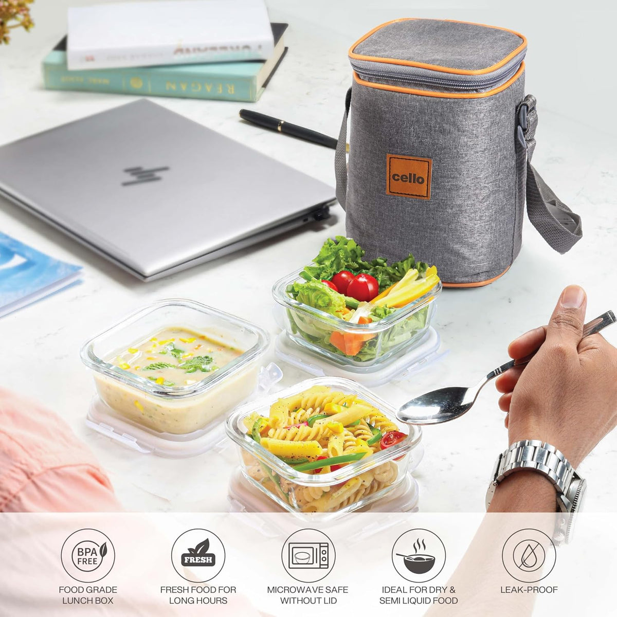 CELLO Royale Glass Lunch Box Set of 3 Pcs with Jacket, Clear | Microwave & Dishwasher Safe 3 x 320ml Square Glass Containers |Leadfree, Leakproof, Airtight Clip Lock Lid Tiffin Box For Office & Travel