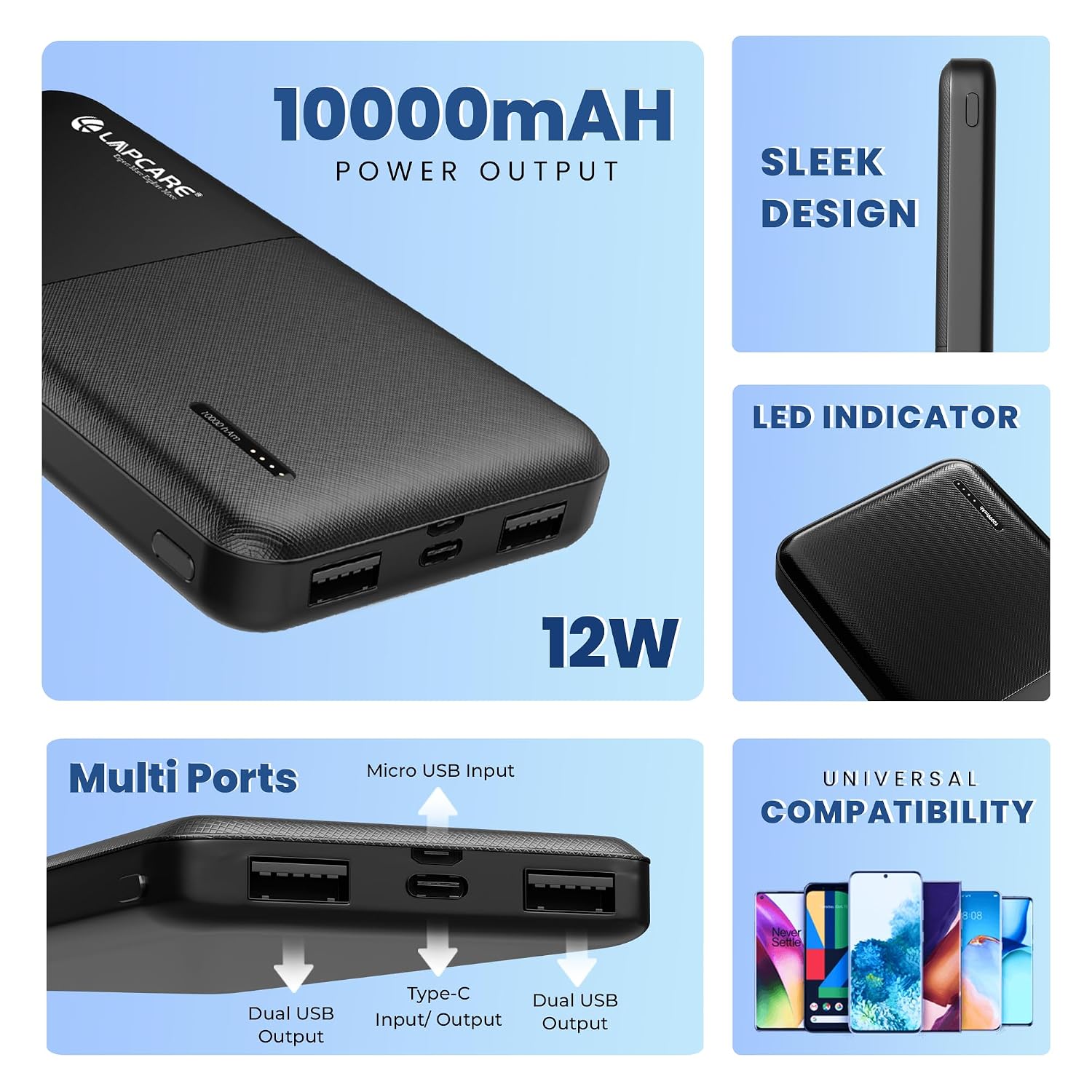 LAPCARE Bolt I 10000mAh Powerbank | 22.5W PD Fast Charging | Transparent Design | LED Indicator | Type C & Dual USB Ports | Dynamic Display |Smart Chip Protection | Low Power Consumption Made In India