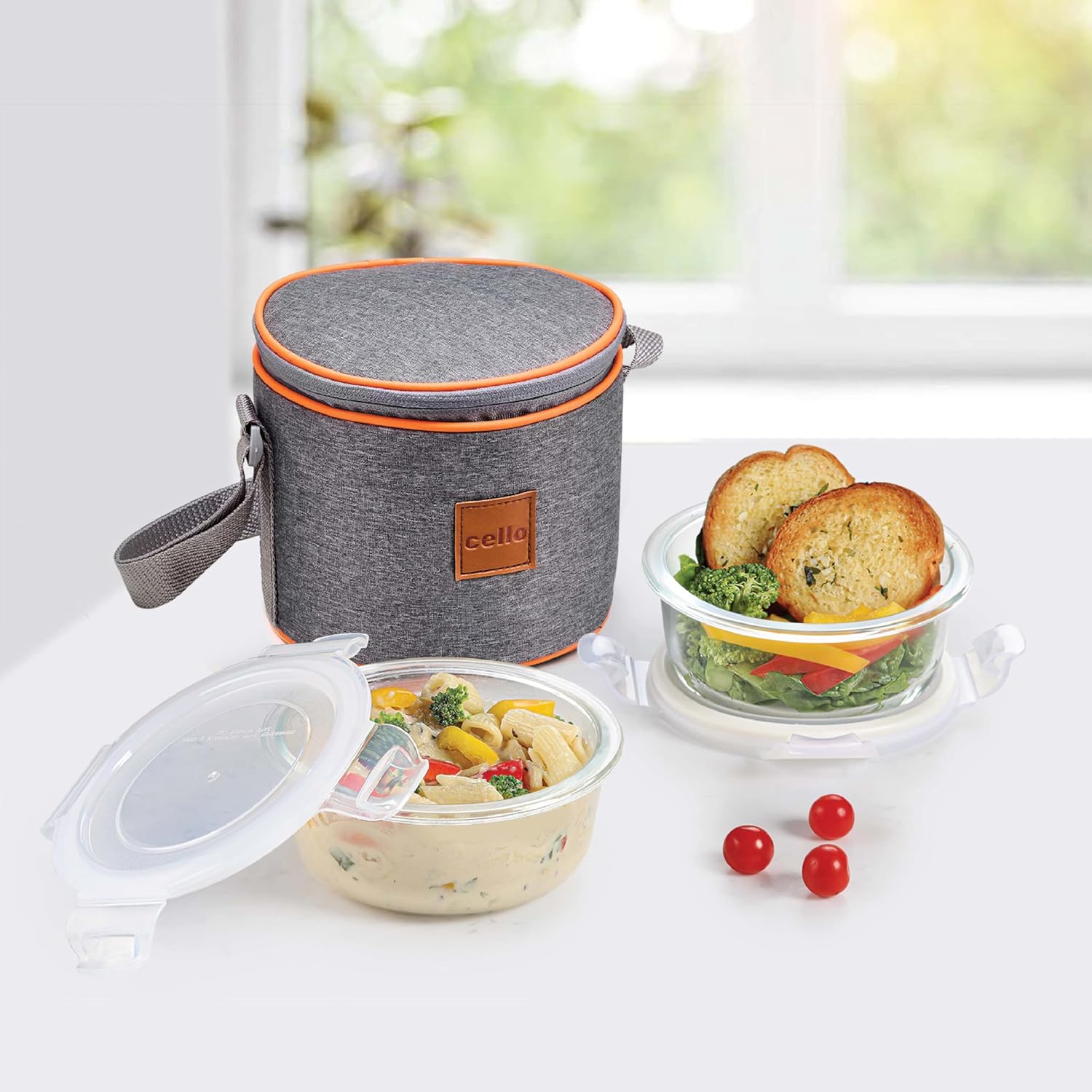 CELLO Royale Glass Lunch Box Set of 3 Pcs with Jacket, Clear | Microwave & Dishwasher Safe 3 x 320ml Square Glass Containers |Leadfree, Leakproof, Airtight Clip Lock Lid Tiffin Box For Office & Travel