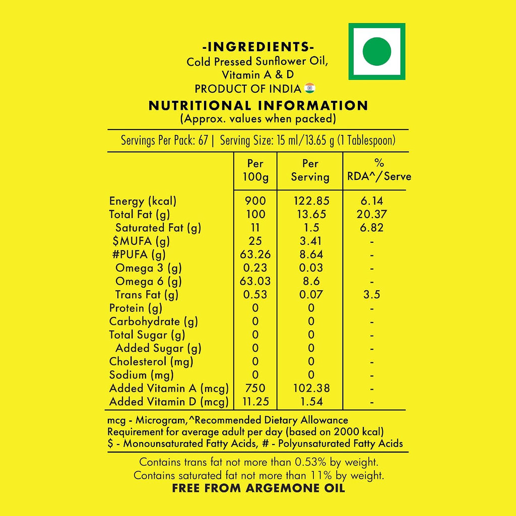 Jivo Cold Pressed Sunflower Oil 1 Litre | High in Polyunsaturated Fats | Vitamin A and D Fortified | Cholesterol Free Edible Oil | Ideal for Roasting, Frying, Baking, and All Types of Cuisines