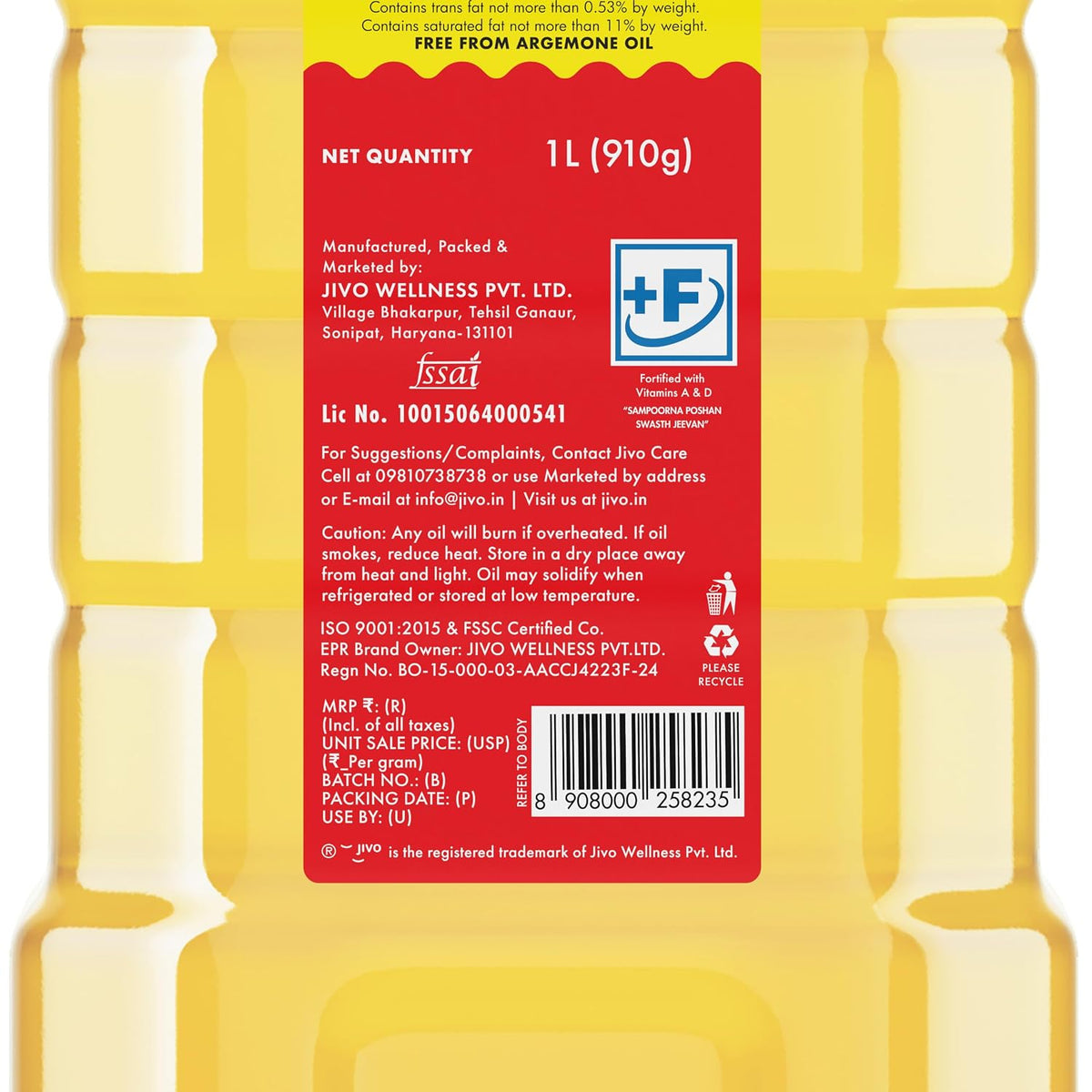Jivo Cold Pressed Sunflower Oil 1 Litre | High in Polyunsaturated Fats | Vitamin A and D Fortified | Cholesterol Free Edible Oil | Ideal for Roasting, Frying, Baking, and All Types of Cuisines