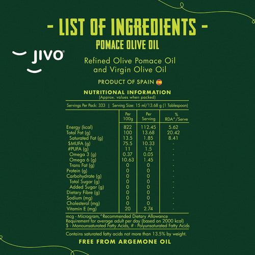 Jivo Pomace Olive Oil 5 Litre Tin for Everyday Cooking | Imported From Spain | Recommended for roasting, frying, and baking all types of cuisines | Rich in MUFA | Low in Saturated Fat.