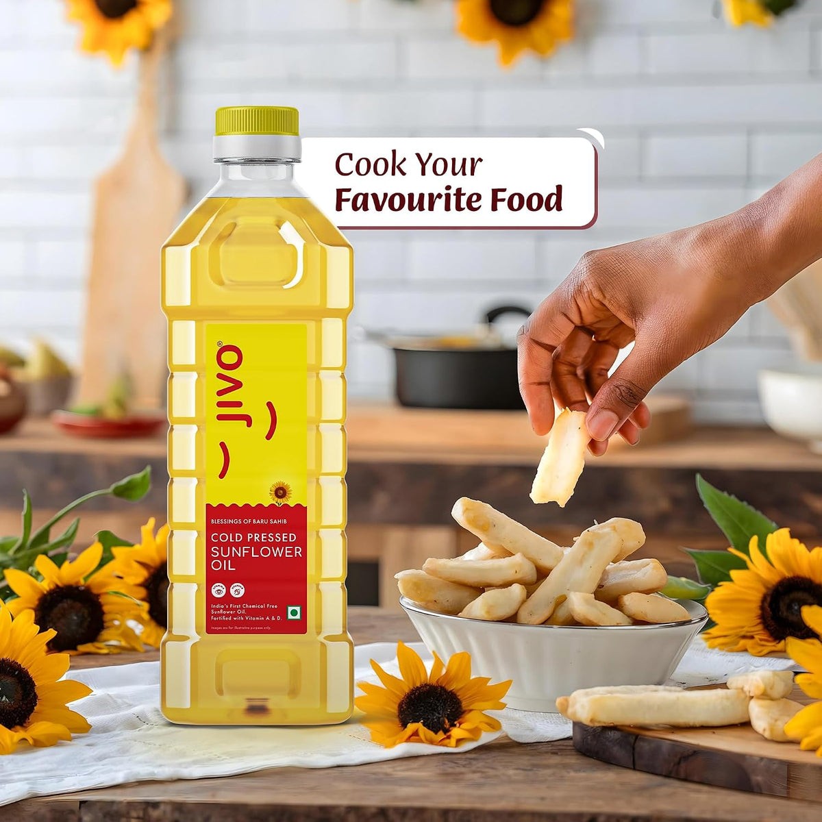 Jivo Cold Pressed Sunflower Oil 1 Litre | High in Polyunsaturated Fats | Vitamin A and D Fortified | Cholesterol Free Edible Oil | Ideal for Roasting, Frying, Baking, and All Types of Cuisines
