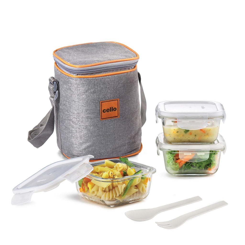 CELLO Royale Glass Lunch Box Set of 3 Pcs with Jacket, Clear | Microwave & Dishwasher Safe 3 x 320ml Square Glass Containers |Leadfree, Leakproof, Airtight Clip Lock Lid Tiffin Box For Office & Travel