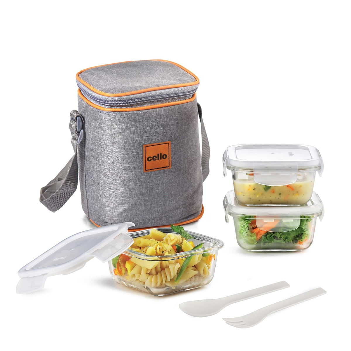 CELLO Royale Glass Lunch Box Set of 3 Pcs with Jacket, Clear | Microwave & Dishwasher Safe 3 x 320ml Square Glass Containers |Leadfree, Leakproof, Airtight Clip Lock Lid Tiffin Box For Office & Travel