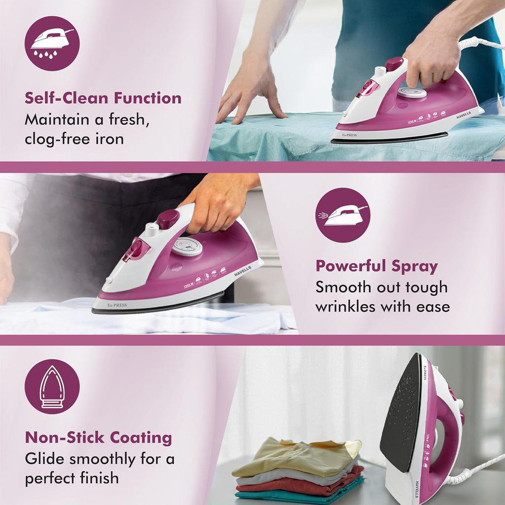 Havells Ez-Press 1250 Watts Steam Iron with Self Cleaning Function|Vertical & Horizontal Ironing|170 ml Tank for Longer Ironing|High Steaming Rate Upto 12 gm/min| (Purple)