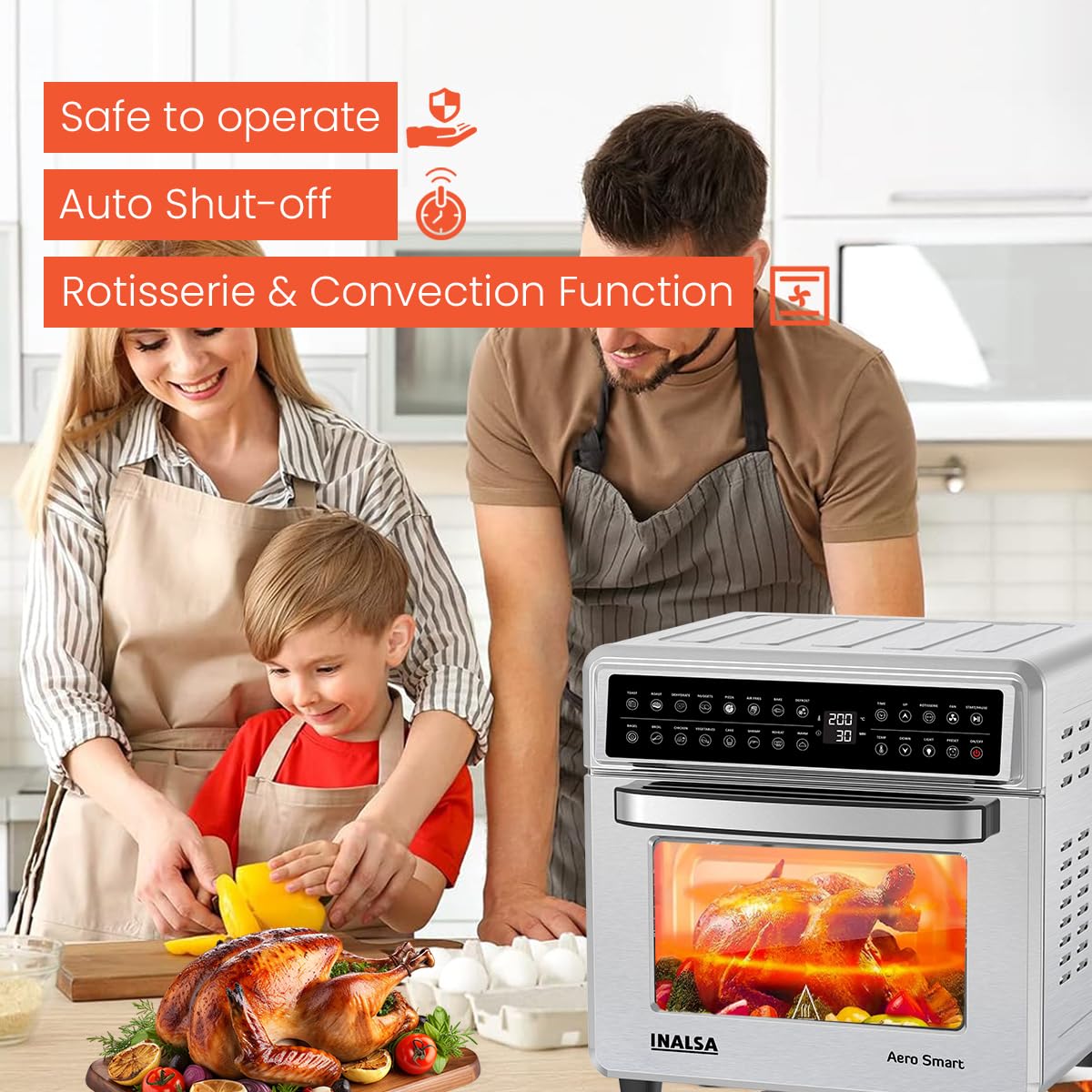 INALSA Air Fryer Oven With 23L Capacity|1700 W-16 Preset Programs |Digital Display and Touch Control| Rotisserie & Convection| 9 Accessories| Recipe Book|Aero Smart23