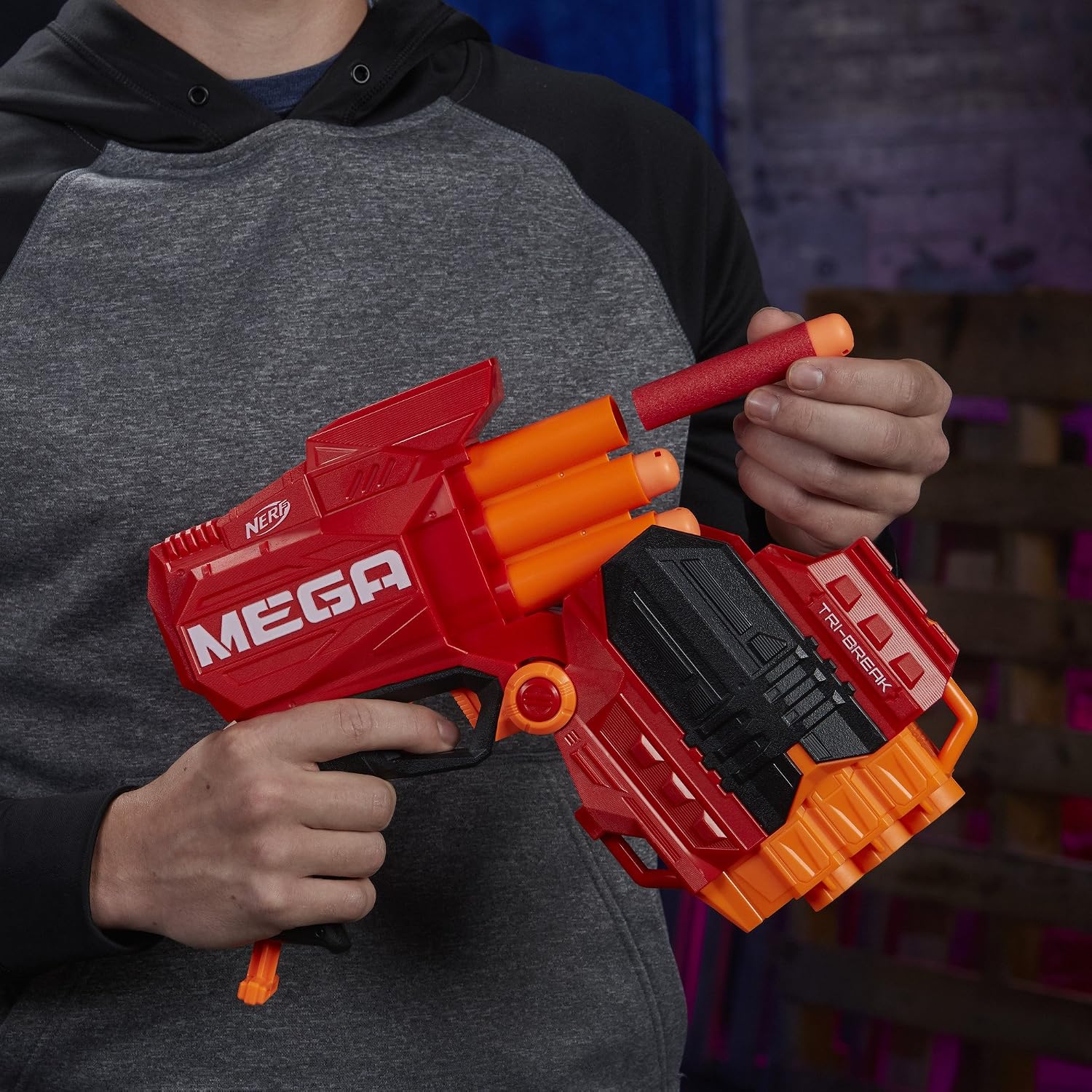 Nerf Mega Tri-Break Blaster - Break Open Barrel to Load Darts - 3-Dart Capacity - Includes 3 Official Mega Darts, Multicolor