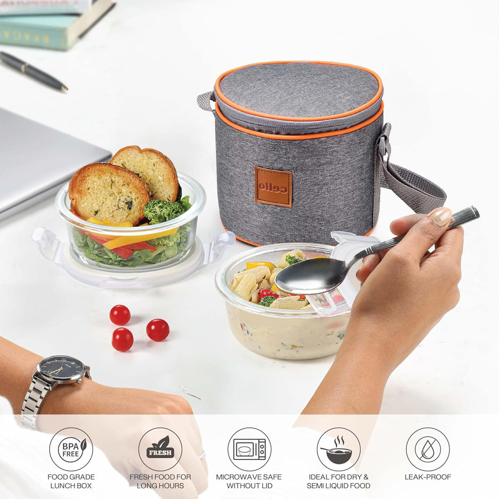 CELLO Royale Glass Lunch Box Set of 3 Pcs with Jacket, Clear | Microwave & Dishwasher Safe 3 x 320ml Square Glass Containers |Leadfree, Leakproof, Airtight Clip Lock Lid Tiffin Box For Office & Travel