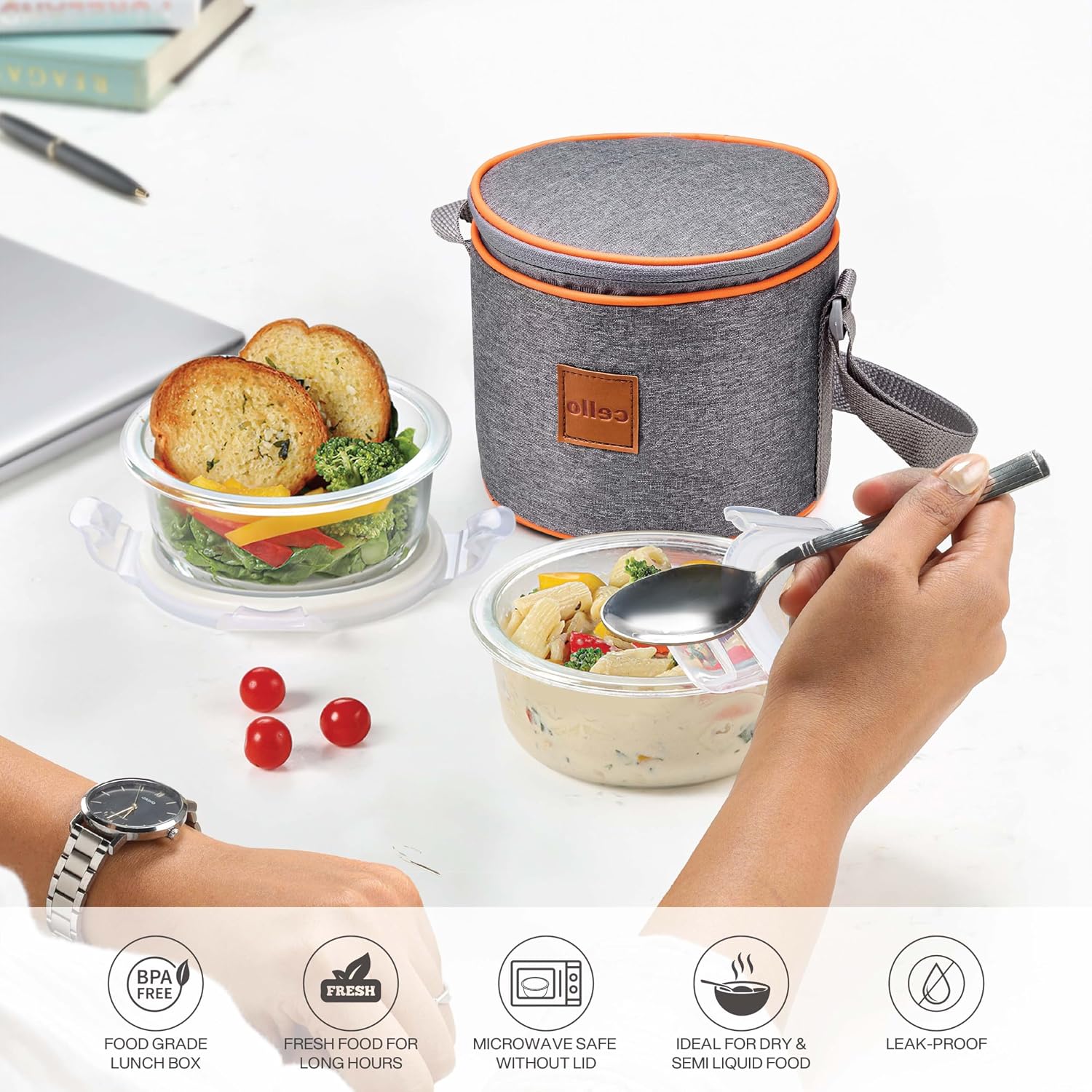 CELLO Royale Glass Lunch Box Set of 3 Pcs with Jacket, Clear | Microwave & Dishwasher Safe 3 x 320ml Square Glass Containers |Leadfree, Leakproof, Airtight Clip Lock Lid Tiffin Box For Office & Travel