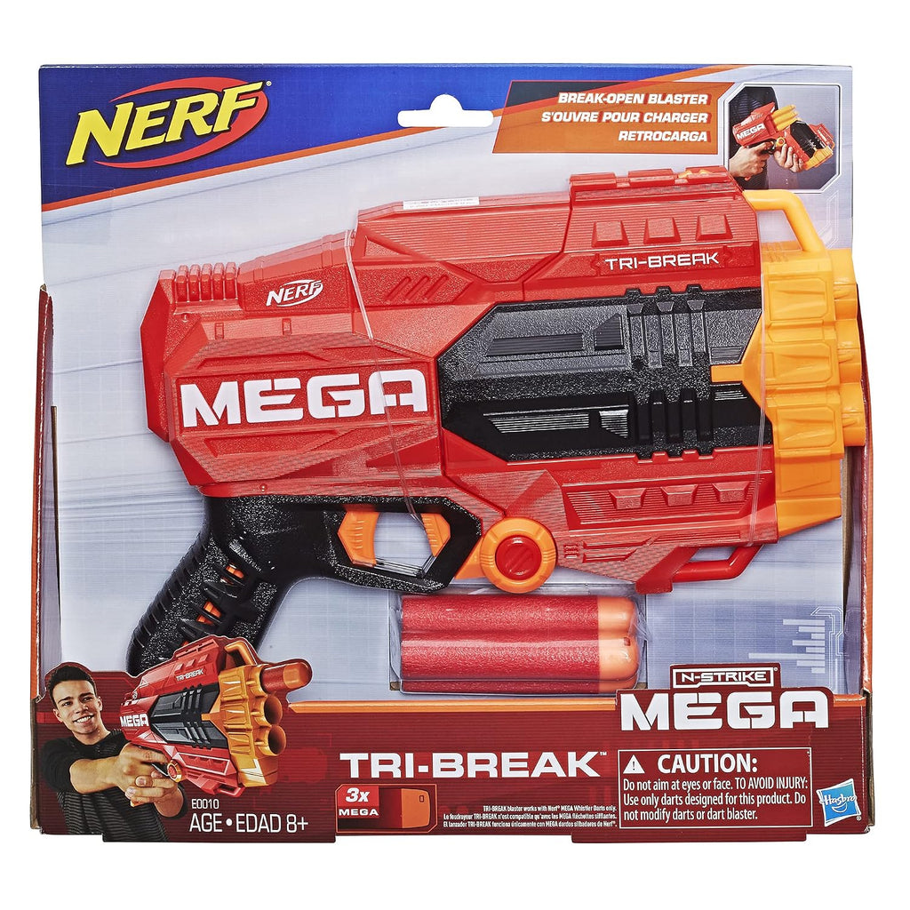 Nerf Mega Tri-Break Blaster - Break Open Barrel to Load Darts - 3-Dart Capacity - Includes 3 Official Mega Darts, Multicolor