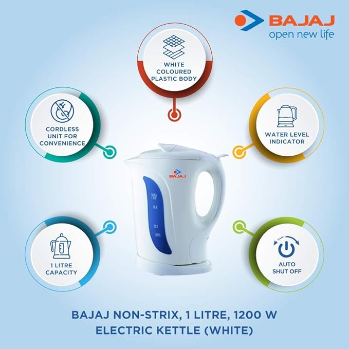 Bajaj 1L 1200-Watt cordless Kettle, White– rockingdeals