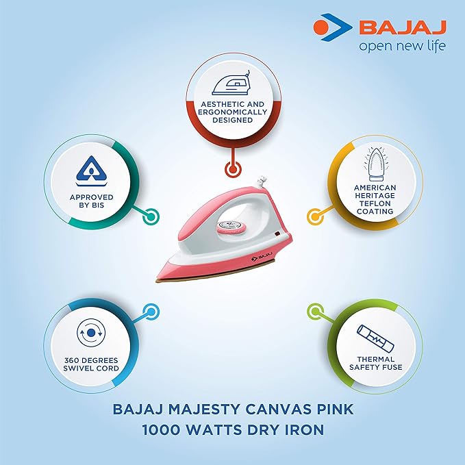 Bajaj ABS Majesty Canvas 1000-Watt Dry Iron | Teflon Coating
