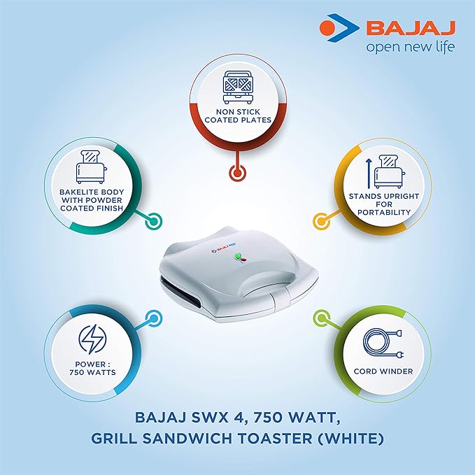 (Unboxed) Bajaj Majesty New Swx 4 750-Watt Grill Toaster, White