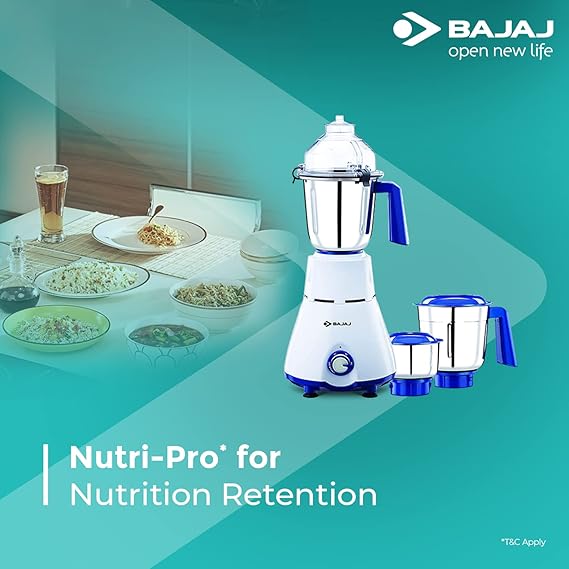 Bajaj Typhoon 750W Mixer Grinder | Nutri-Pro Feature | 3 Jars | Anti-Slip Handles 【White】