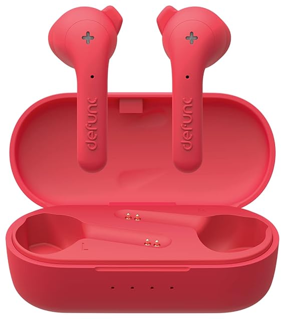 Defunc True Music Wireless Bluetooth TWS Earbuds - Compatible with iOS & Android, IPX4 Rating, Personalized fit, 22 Hours Total Playtime, Touch Control (Red)