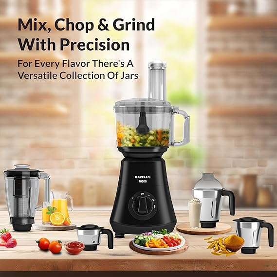Havells Foodo 750 Watt Mixer Grinder with 5 Jars | Includes Food Processor Jar with Dual Pusher | 14-in-1 Functionality | Rust-Resistant 304 SS Blades | Storage Box |  (Black)