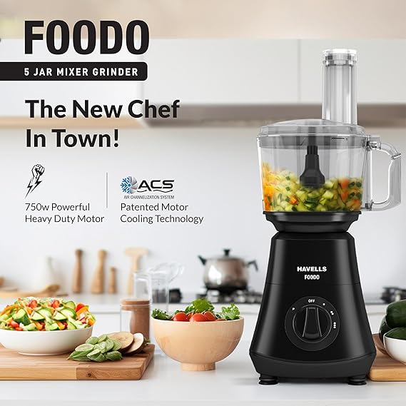 Havells Foodo 750 Watt Mixer Grinder with 5 Jars | Includes Food Processor Jar with Dual Pusher | 14-in-1 Functionality | Rust-Resistant 304 SS Blades | Storage Box |  (Black)