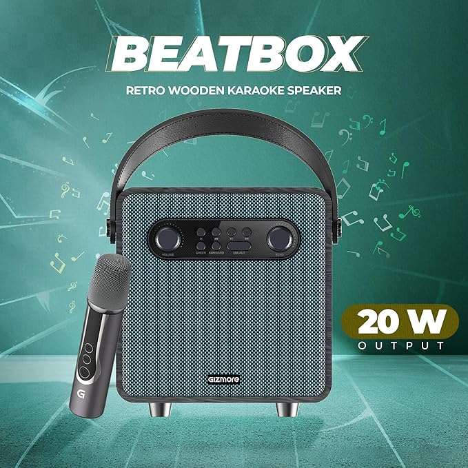 GIZMORE Beatbox 20W Bluetooth Portable Karaoke Speaker with Retro Wooden Design