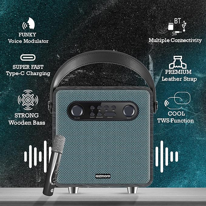GIZMORE Beatbox 20W Bluetooth Portable Karaoke Speaker with Retro Wooden Design