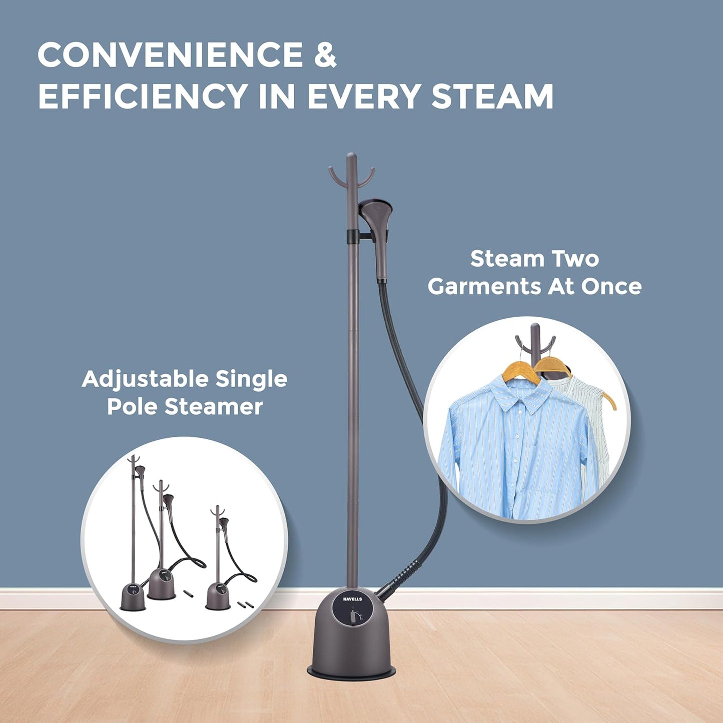 HAVELLS Fyber Standing Garment Steamer for clothes| 1600 Watt | 3 Steam Control | Adjustable Pole Height | Quick Steam Ready | 1.3L Detachable Tank |  Purple