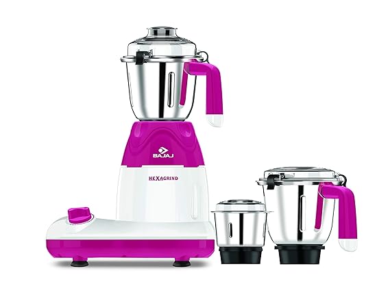 Bajaj Hexagrind 600W Mixer Grinder with 3 Jars (White and Pink)