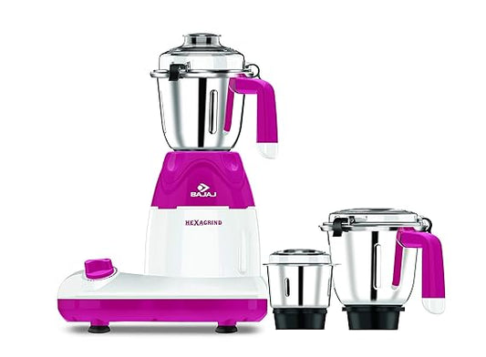Bajaj Hexagrind 600W Mixer Grinder with 3 Jars (White and Pink)